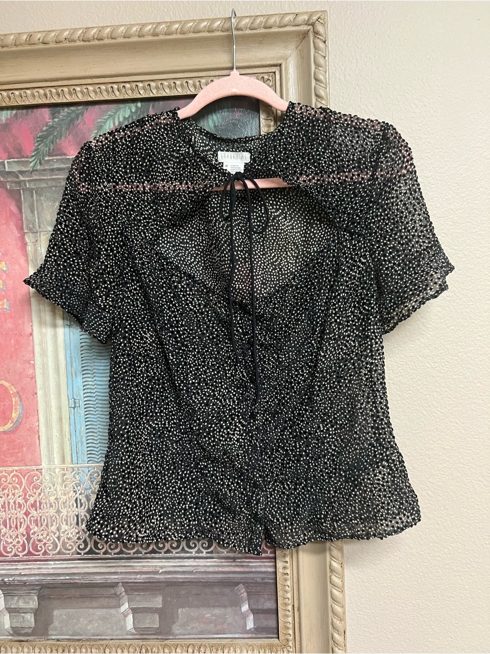 Cooperative Black Dot Smocked Tie-Neck Blouse